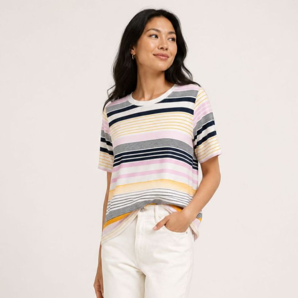 Ann Taylor Multicolor Striped Short Sleeve Top | Size Large